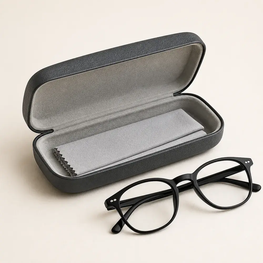AI-generated realistic studio illustration of an open unbranded hard eyeglass case, microfiber cloth and optical frame.