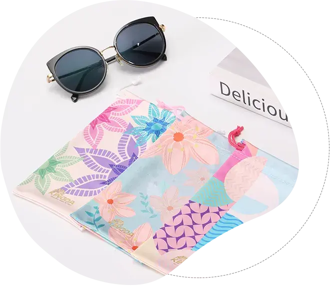 Kingda microfiber pouches arranged as a coordinated eyewear packaging starting point.