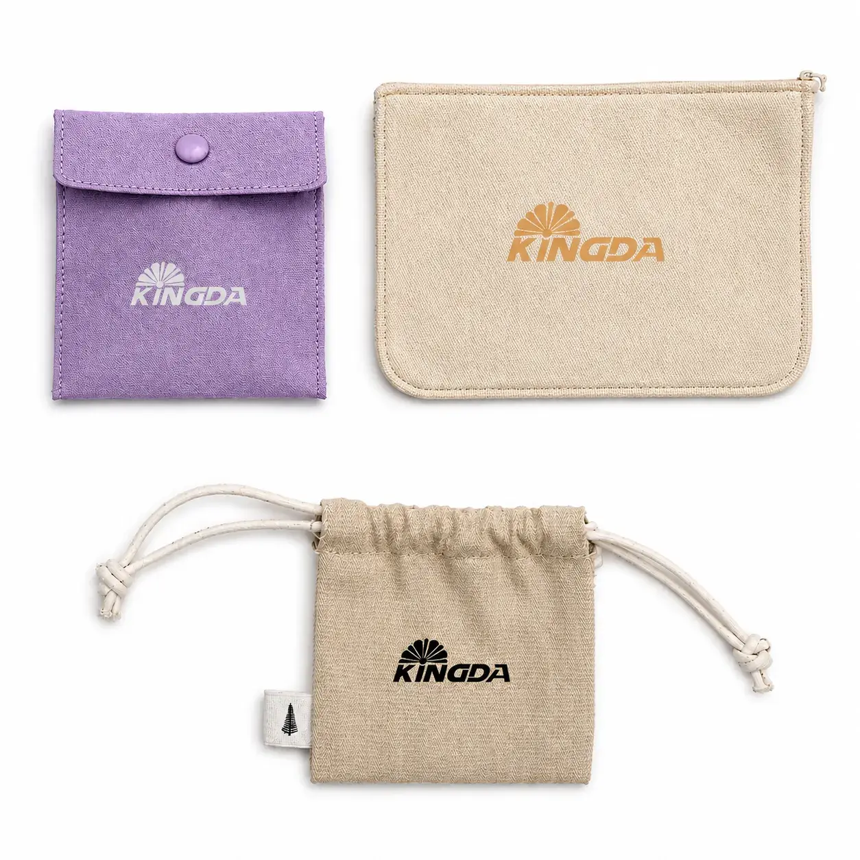 Custom microfiber jewelry pouches with button-flap, zipper and drawstring closures in purple and beige