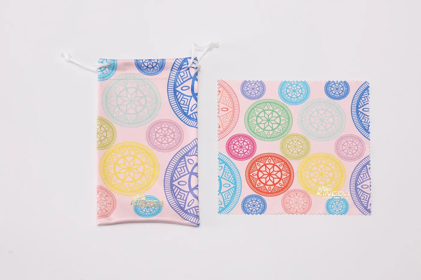 Digital printed microfiber cloth and pouch set with gold foil logo