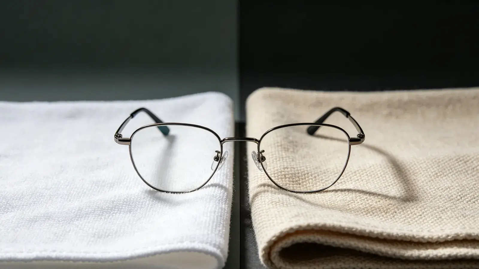 Split editorial view: eyeglasses on a white superfine microfiber cloth next to the same eyeglasses on a beige cotton cloth, comparing both materials.