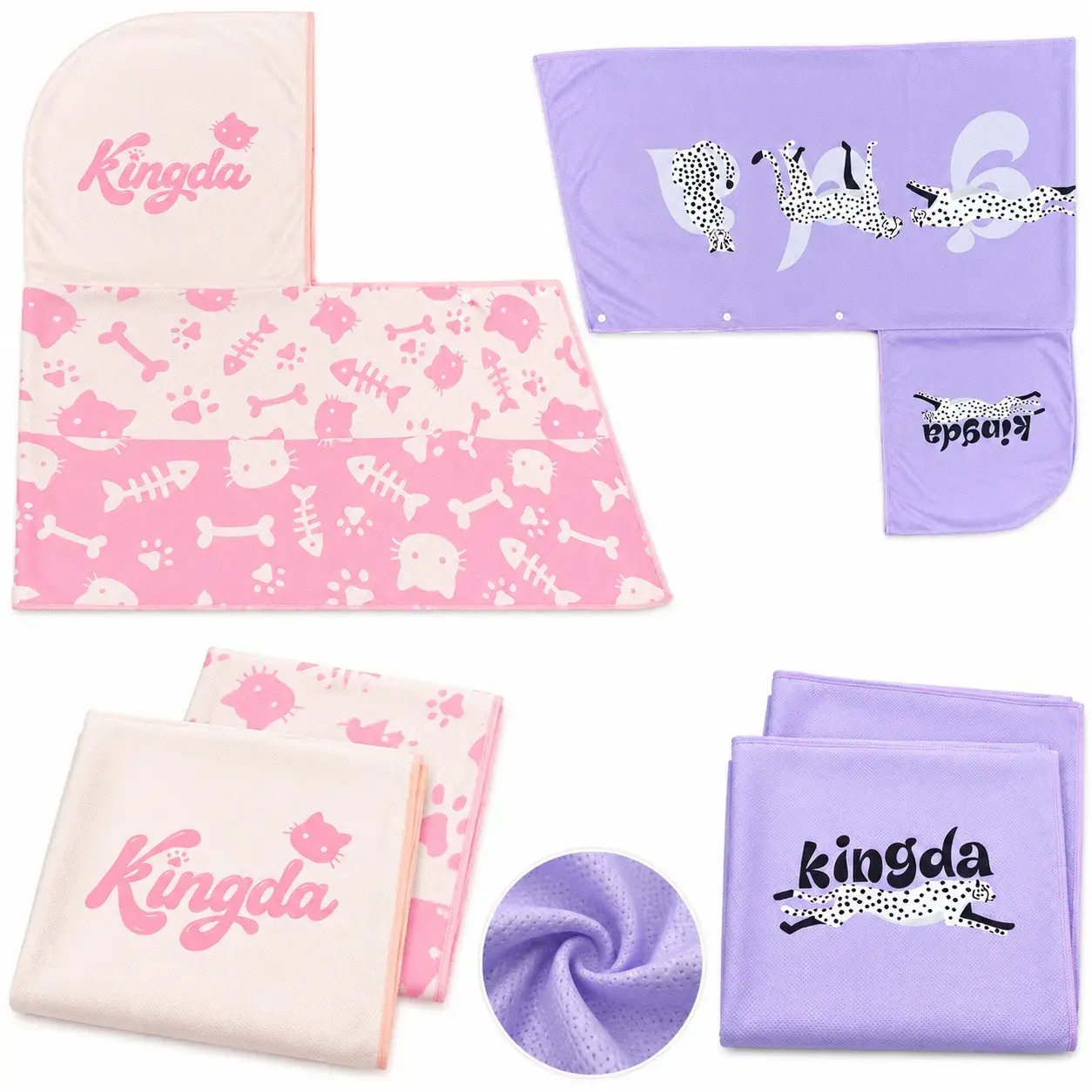 Custom printed flat microfiber beach towels with coordinated carry pouches in pink and purple designs