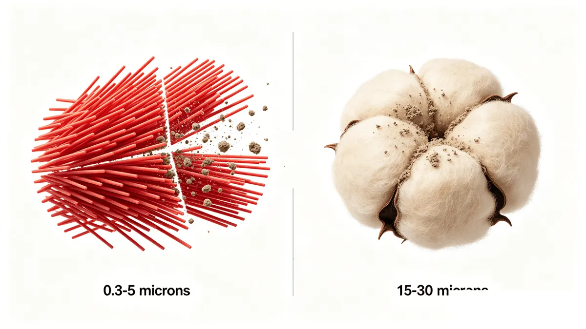 Microfiber cross-section: 0.3–5 µm split red filaments trap dust, while cotton fibers measure 15–30 µm and push debris across the surface.