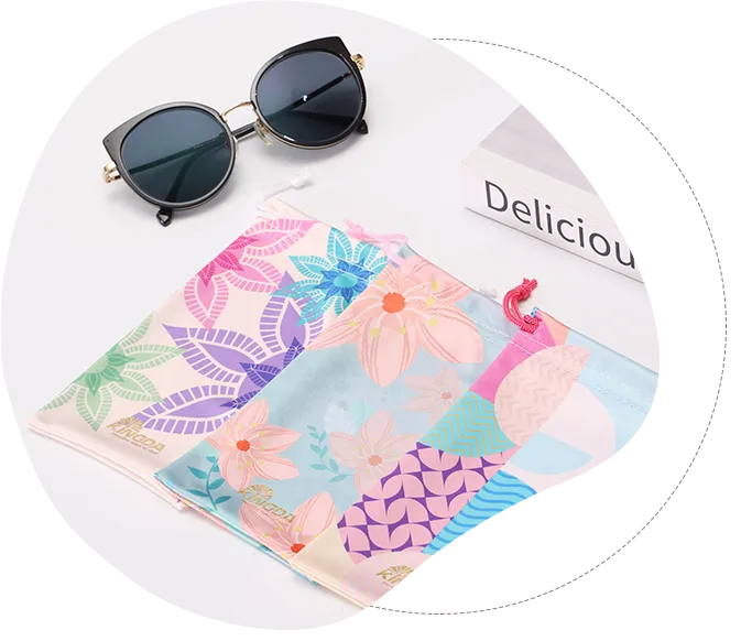 Custom microfiber drawstring eyeglass pouch for a coordinated eyewear accessory program